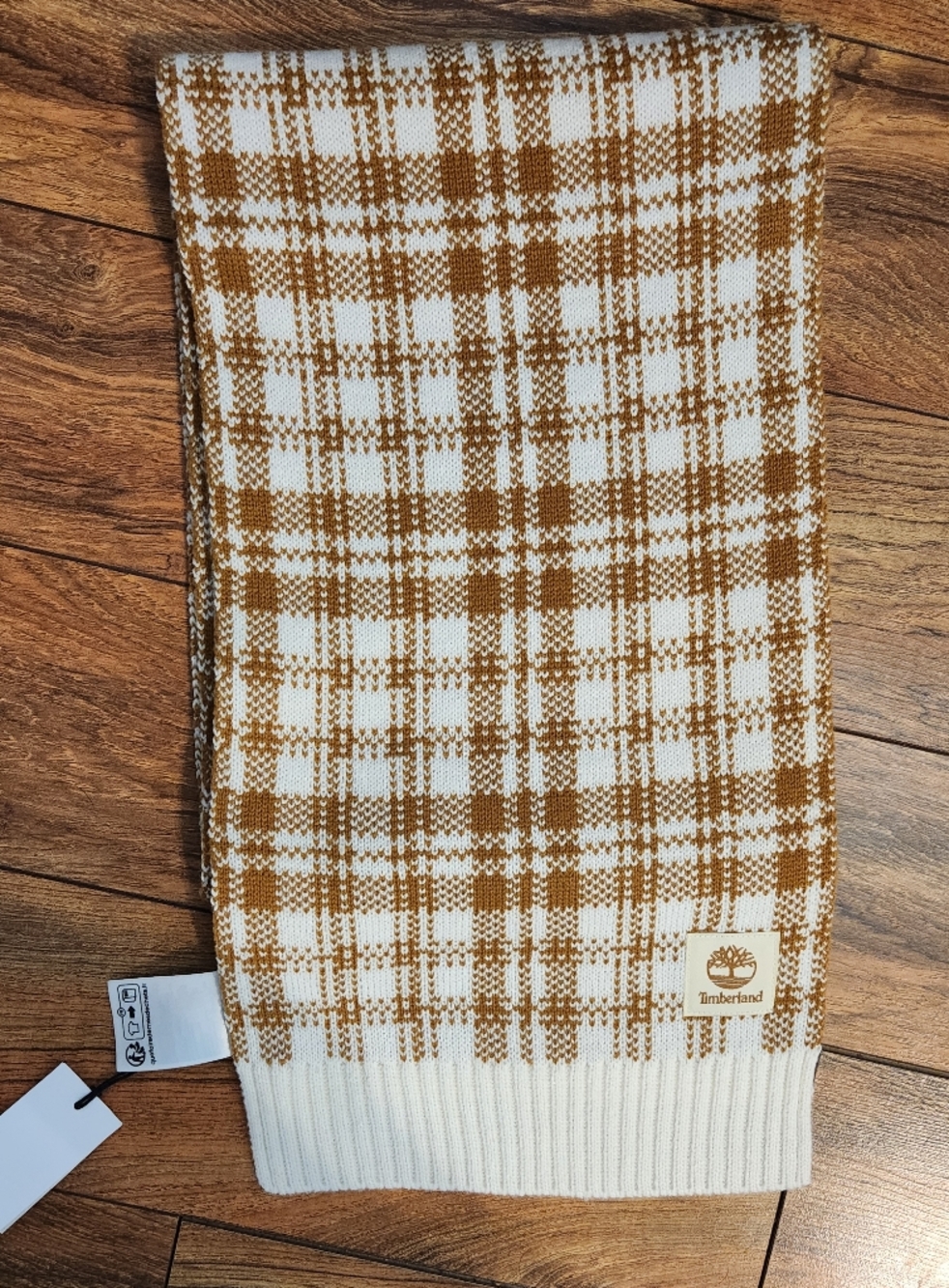 Timberland Plaid Knit Scarf in Cream & Camel